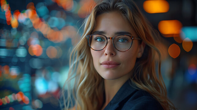 Business woman in a tech conference on stage with holographic presentations in the background both dressed formally - Powered by Adobe