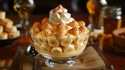 Small dish of banana pudding with wafers and white