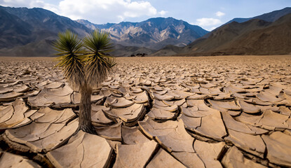 Joshua tree in desert cracked soil  surrounded by mountains. Death Valley Park. California.  USA