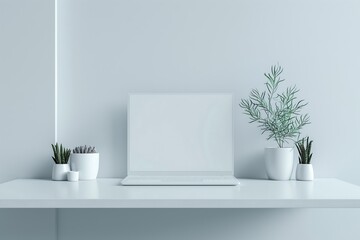 Minimalist Home Office Setup with Laptop on White Desk in Sunlit Room