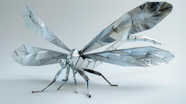 A metal origami dragonfly hovering with its elongated body and wings, crafted with precise, reflective folds