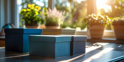 Arrangement of Neatly Organized Colorful Blue Boxes on a Sunlit Kitchen Countertop. Concept Organization Tips, Color Coordination, Kitchen Decor, Natural Light Photography, Interior Design