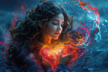 A beautiful woman with long hair holding her heart in the palm of his hand. Created with Ai