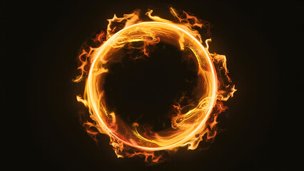 Abstract golden ring of fire circle with light effect on black background, generated by AI