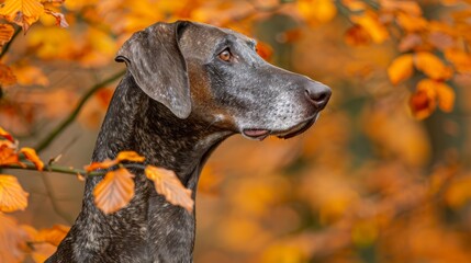  A tight shot of a dog positioned before an orange-yellow tree, adorned with autumn leaves in both the foreground and background
