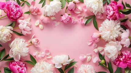 A beautiful floral frame made of colorful blossoms arranged on a solid surface, offering a romantic and whimsical backdrop for wedding invitations, greeting cards, and other design projects.