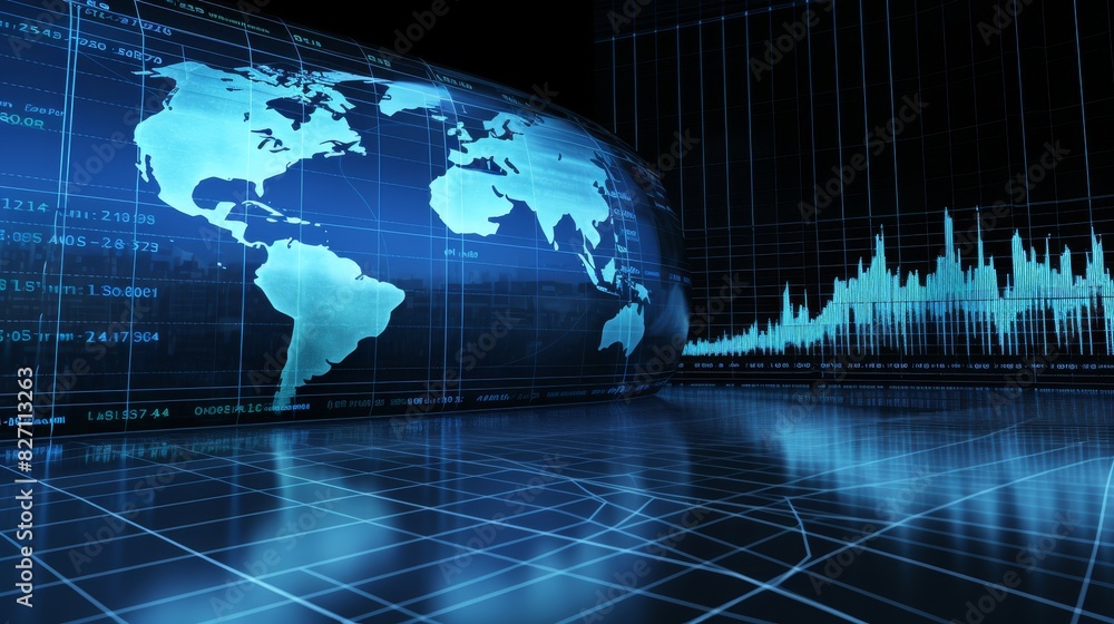 Poster global financial data processing with left globe on gray background for business finance concepts