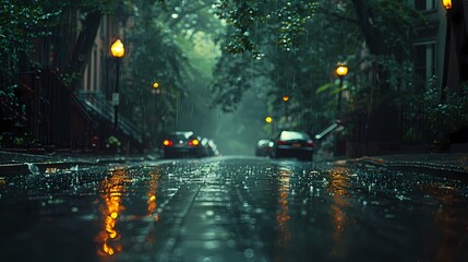 A gentle rain falling on a quiet street, the soft light creating a dreamy atmosphere
