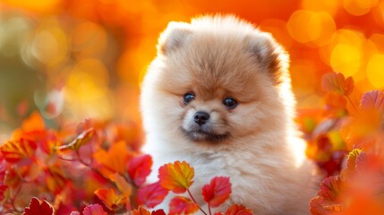  A tight shot of a small dog among flowers, surrounded by blurred orange and red leaves Additionally, a hazy backdrop of yellow and red foliage