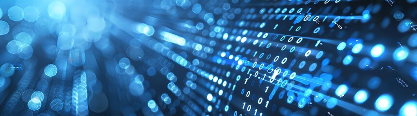 Obraz premium Digital data technology background with binary code, blue light effect and bokeh blur effect. Abstract digital network concept. illustration