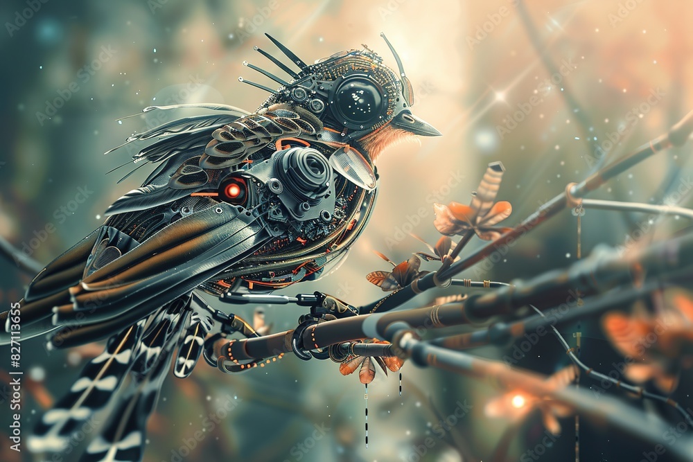 Canvas Prints An image of a cyborg bird with mechanical wings and feathers, perched on a futuristic branch