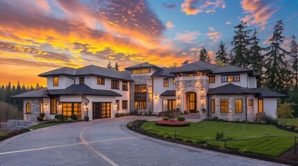 front view of a luxury home with a large driveway, exterior photography, a beautiful sunset sky, white stone and a black roof, a mansion - Powered by Adobe
