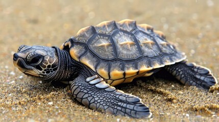 Fototapeta premium Newborn Golfina turtle heading towards the ocean for the first time from a Mexican beach