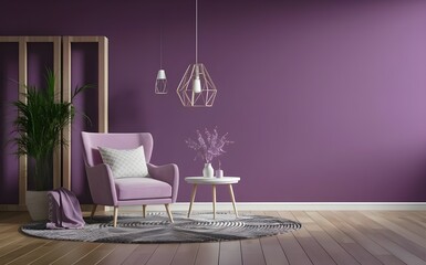 Bright and cozy modern living room interior with purple armchair and decoration room on empty dark purple wall background.