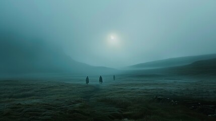 Fototapeta premium A group of people are wandering through a misty landscape