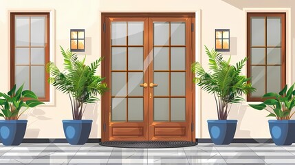 Picture a flat design of a glass door with an elegant wooden frame