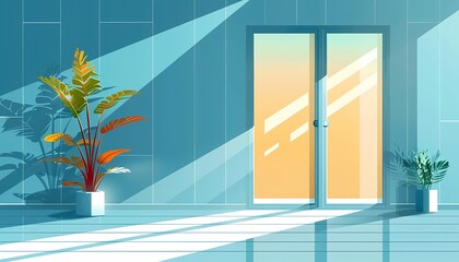 Picture a flat design of a glass door with etched vertical lines