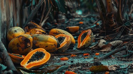 Rotten papaya fruits accumulated on the floor