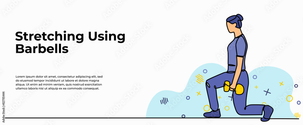 Poster vector illustration of stretching using barbells. modern flat in continuous line style.