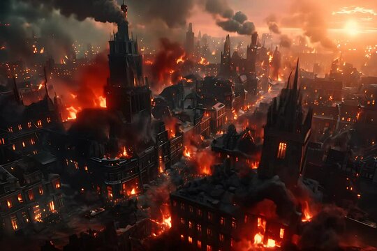 A dark, haunting scene of a city in ruins, with flaming buildings casting an eerie glow over the desolate landscape.
