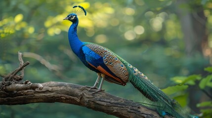  A peacock perched on a tree branch, amidst a lush forest teeming with numerous green leaves A bird with an elongated tail stood alongside