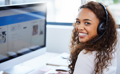 Smile, portrait and woman in call center with computer screen, headset and lead generation in...