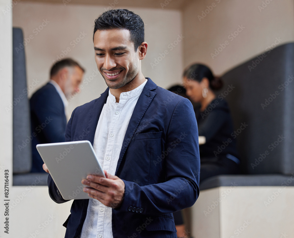 Poster reading, tablet and businessman in office with networking, research and scroll at consulting agency.