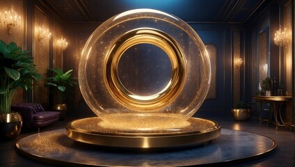 Gold podium for product presentation vector illustration. Abstract empty golden award platform with neon glowing round frame and rays, glitter confetti sparkle rain falling from above background