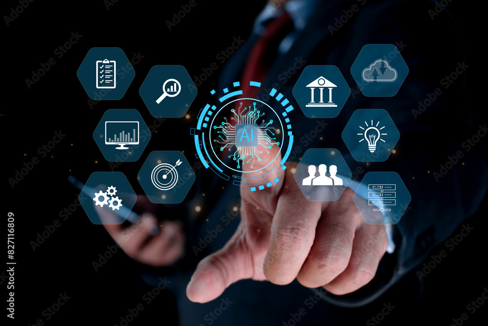 Poster businessman touch screen ai learning and artificial intelligence. digital transformation technology 