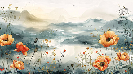 Modern wallpaper featuring a watercolor landscape and floral elements