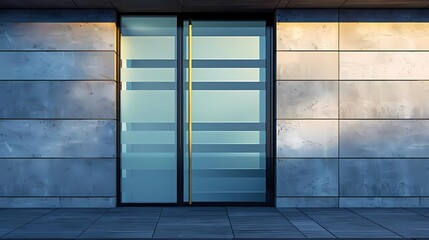Visualize a flat design of a glass door with a frosted company logo