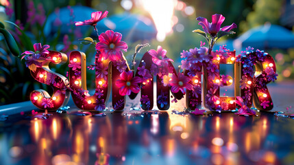 Text Summer with pink flowers and shimmering lights reflecting in a hot summer day background with shade umbrellas, green trees and sunset background. Word Summer in 3D render 