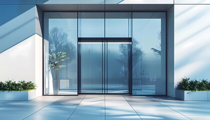 Visualize a flat design of a glass door with a frosted company logo