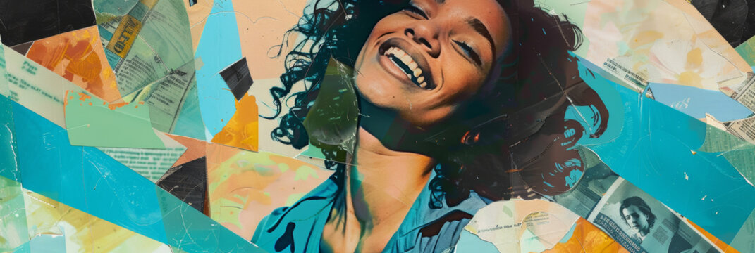 Joyful Woman Smiling in a Vibrant Abstract Collage Art with Newspaper Clippings