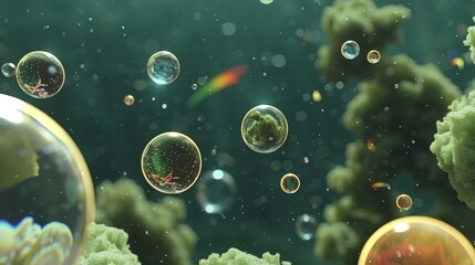  A collection of bubbles hovering above green vegetation against a backdrop of blue and yellow hues