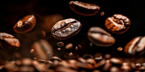 Fototapeta premium A closeup of coffee beans falling on dark background