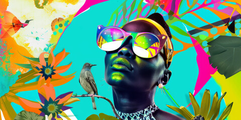 Vibrant Afro Futurism Art Bold Colors, Sunglasses, and Tropical Elements