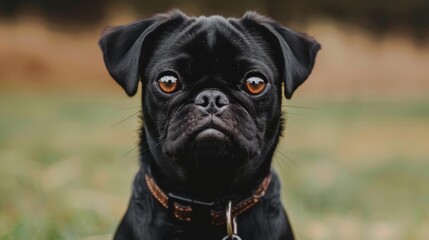  A tight shot of a melancholic black Pug gazing at the camera, surrounded by grass in the background, and a nearby field in the foreground