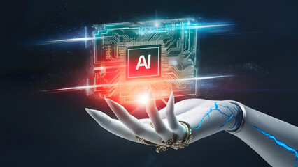 AI, Machine learning, Hands of robot and human touching on big data network connection background, Science and artificial intelligence technology, innovation and futuristic. 