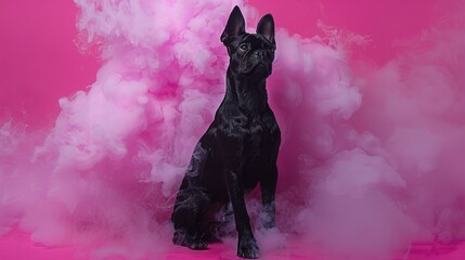  A black dog sits before a pink backdrop, emitting smoke from its muzzle Its gaze is serious as it...