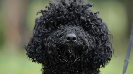 curly hair atop its head, leash near its muzzle, hazy background