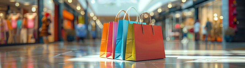 Colorful shopping bags on a table in a mall with a blurred background, a banner design in the style of stock photo with space for text.