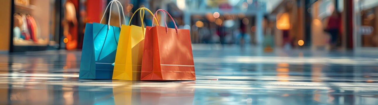 Colorful shopping bags on a table in a mall with a blurred background, a banner design in the style of stock photo with space for text.