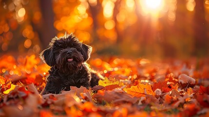  A small black dog sits in a field of rustling leaves Sunlight filters through the trees behind, casting long shadows A vibrant mound of red, yellow, and orange leaves lies