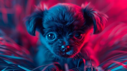  A tight shot of a small dog adorned with red and blue lights on its face beside it, a black dog boasts blue eyes and a red feather in its tail - Powered by Adobe