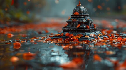  A statue atop a rain-filled puddle, amidst an orange-red forest in autumn's rain Raindrops...