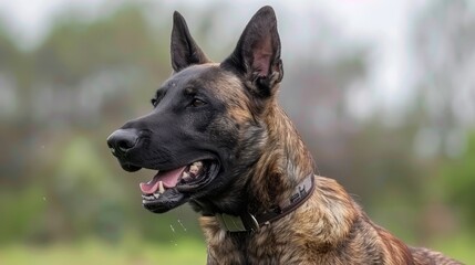 Naklejka premium A tight shot of a dog with its mouth agape and tongue extended against a hazy backdrop of trees, grass, and bushes