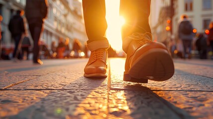Businessman walking on the street with shoes in a closeup, blurred crowd in the background, golden hour light. Concept of success and business lifestyle.