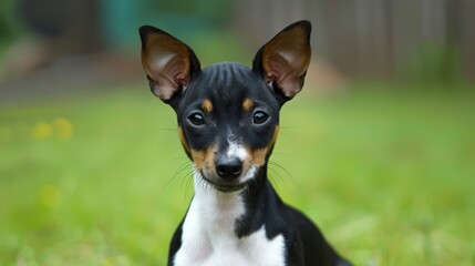  A small black-and-brown dog stands atop a green, grass-covered field Nearby, a smaller white dog with black ears roams among tall grasses