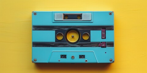 Fototapeta premium Retro blue cassette placed on yellow surface